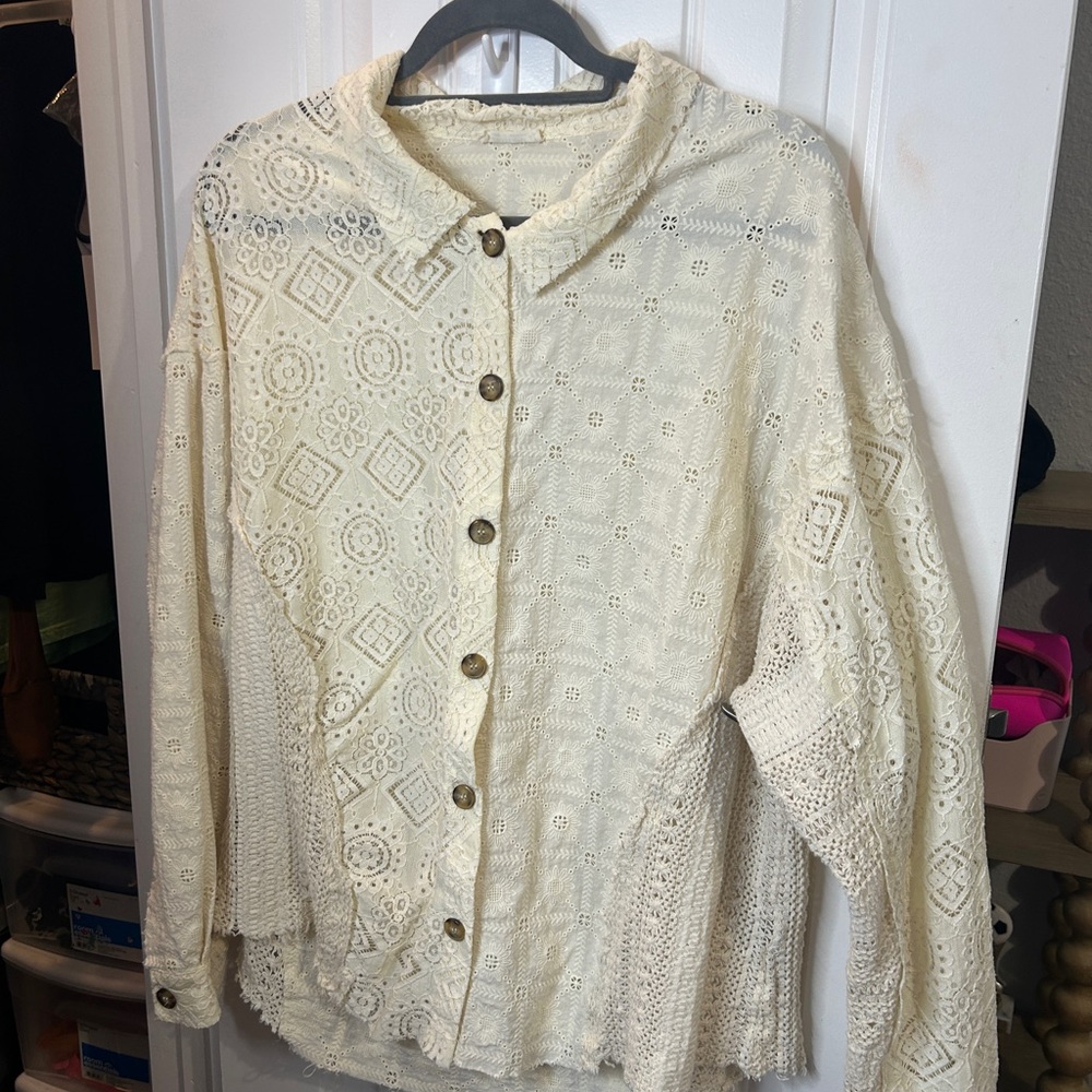 Miss Me Cream Lace Button-Up Blouse